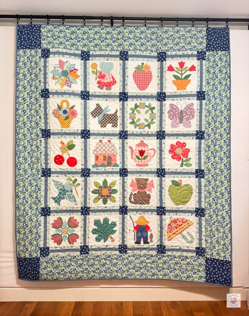 Handmade sampler quilt featuring colorful appliqué blocks, blue floral borders, and navy sashing.
